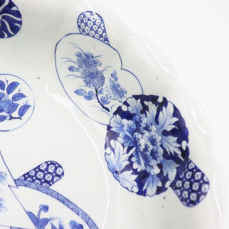 手描き 染付 輪花 大鉢 飾り鉢 重厚 呉須 藍 大正 昭和