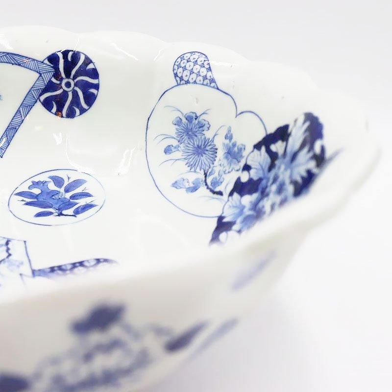 手描き 染付 輪花 大鉢 飾り鉢 重厚 呉須 藍 大正 昭和