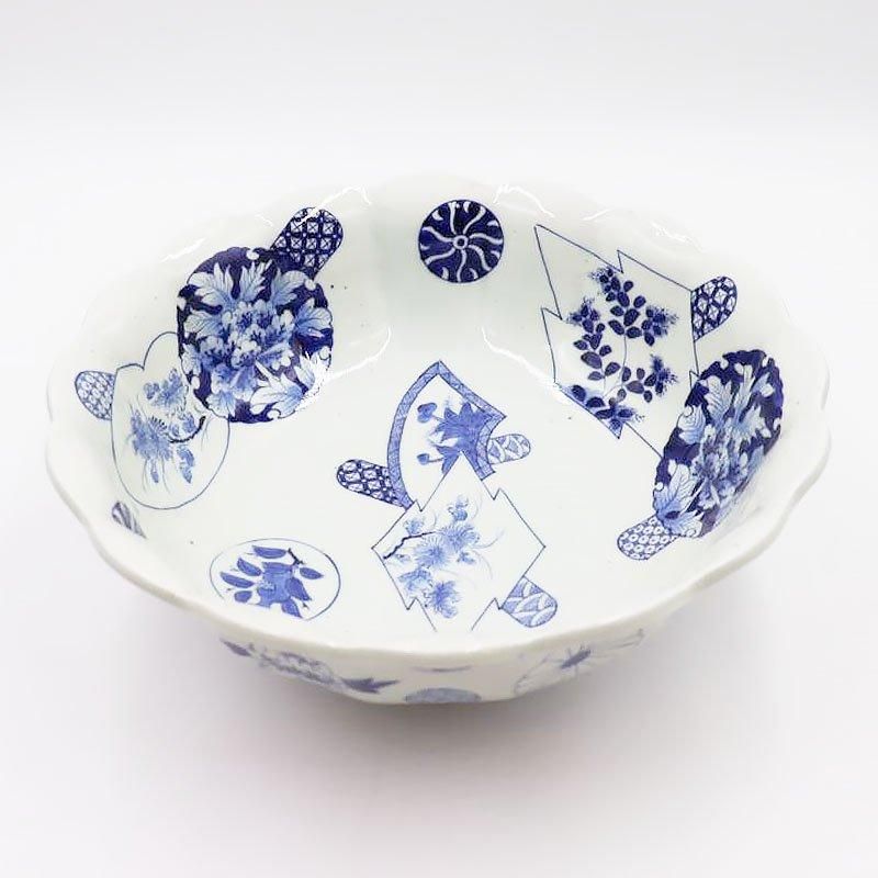 100％本物 重厚 飾り鉢 大鉢 輪花 染付 手描き 呉須 昭和 大正 藍 工芸品