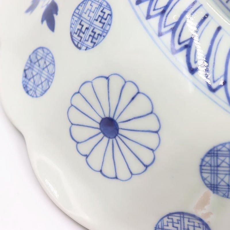 手描き 染付 輪花 大鉢 飾り鉢 重厚 呉須 藍 大正 昭和