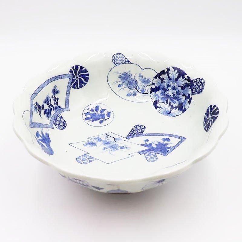 手描き 染付 輪花 大鉢 飾り鉢 重厚 呉須 藍 大正 昭和