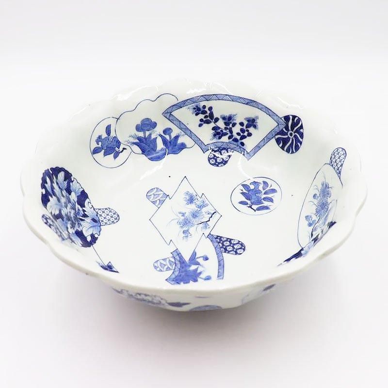 手描き 染付 輪花 大鉢 飾り鉢 重厚 呉須 藍 大正 昭和