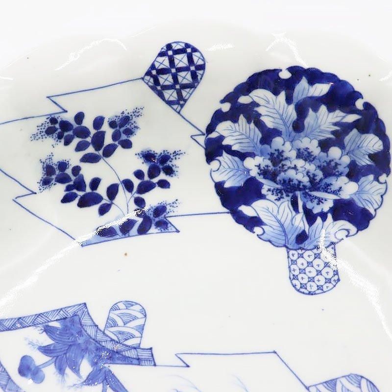 手描き 染付 輪花 大鉢 飾り鉢 重厚 呉須 藍 大正 昭和