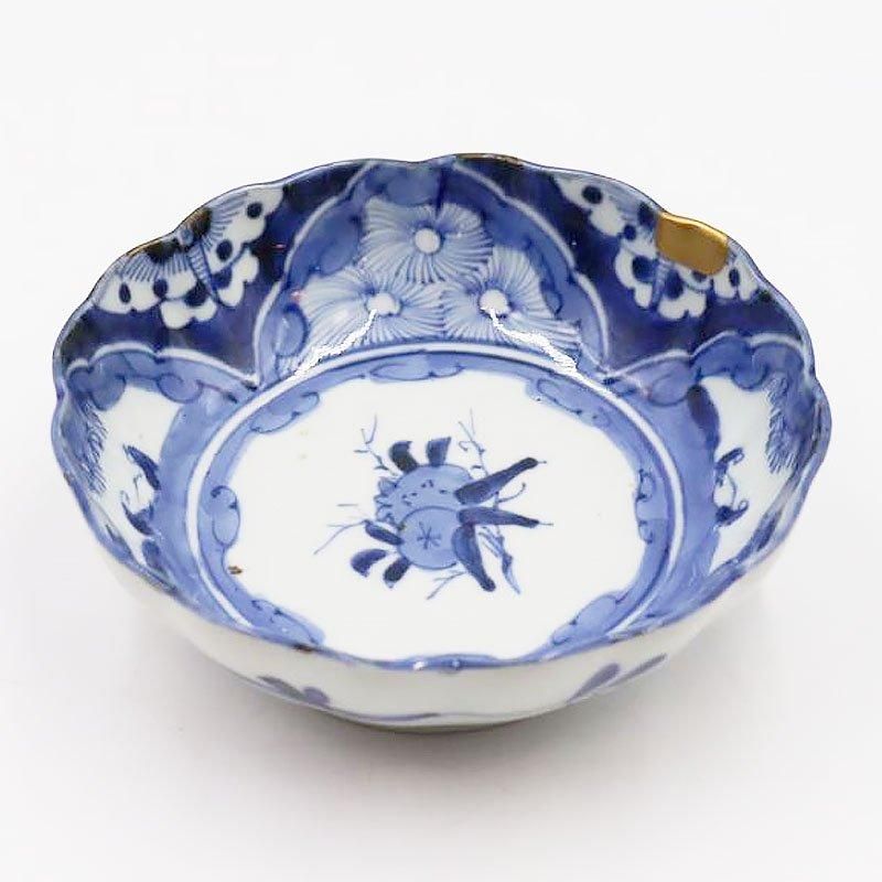金継ぎ 手描き 染付 小鉢 呉須 藍色 大正昭和アンティーク