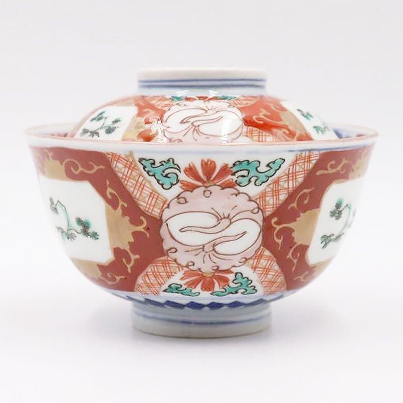 蓋物 蓋茶碗 九谷 赤絵 色絵 金彩唐草 美人図 訳あり 貫入 欠け