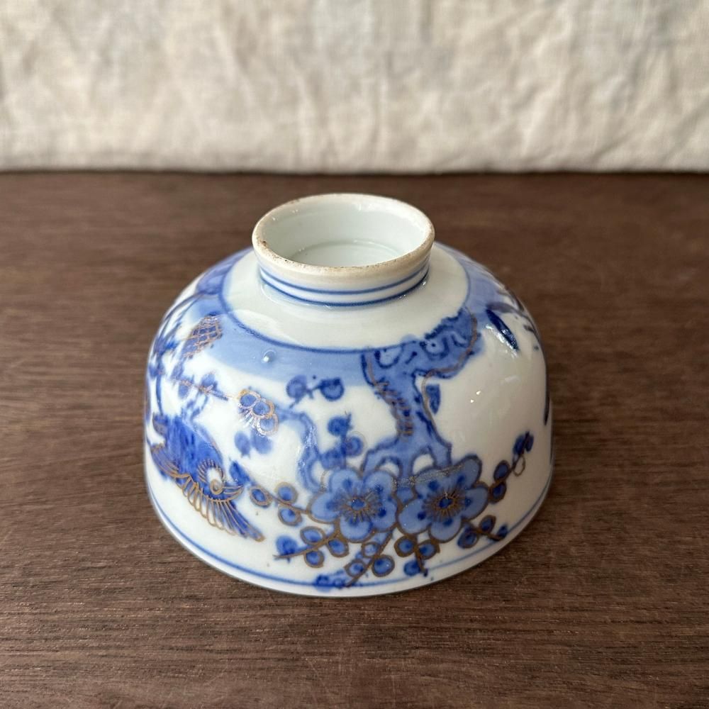 大正～戦前、希少な明治時代頃の染付すずめ茶碗