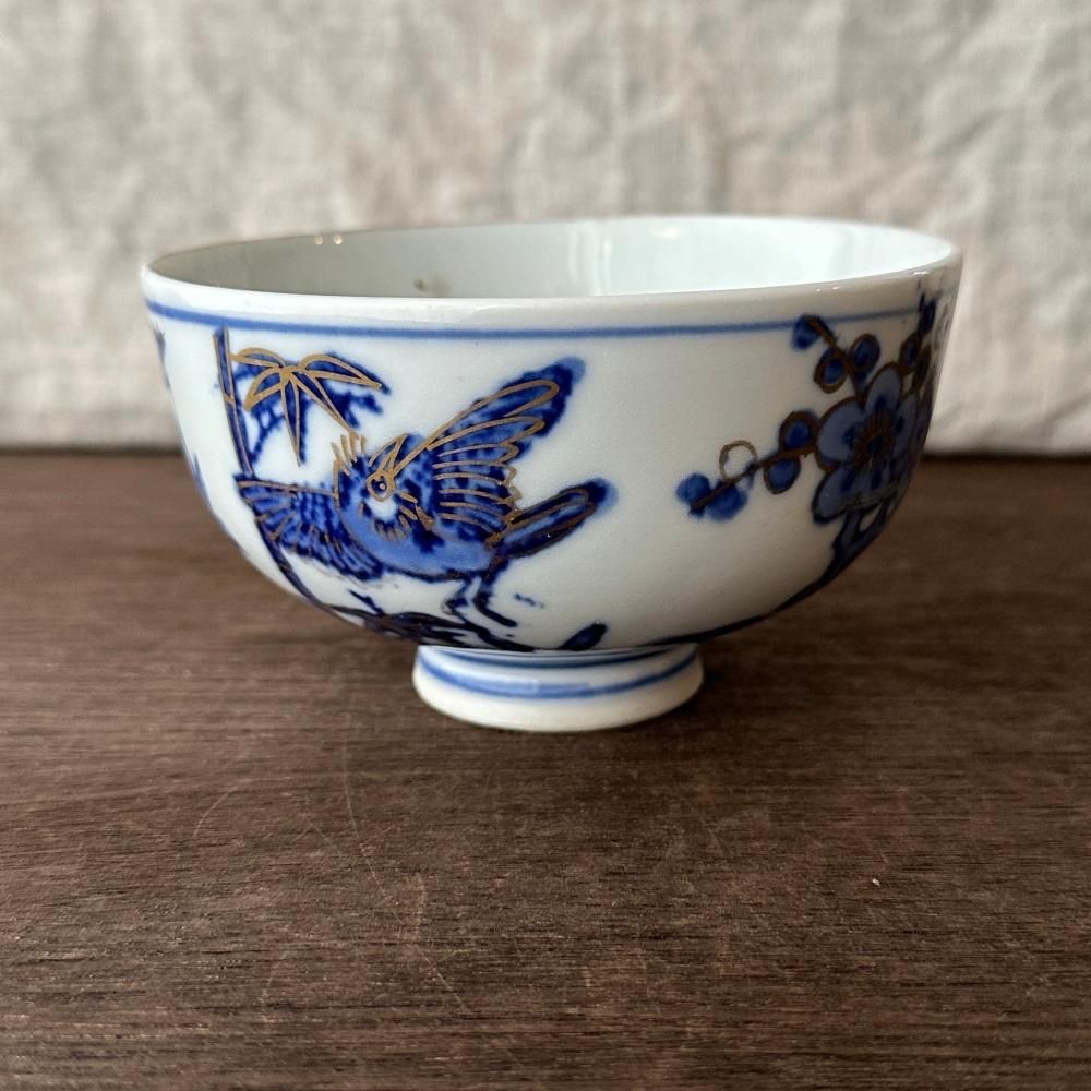 大正～戦前、希少な明治時代頃の染付すずめ茶碗