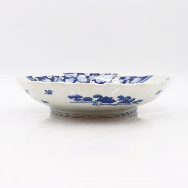 金継ぎ 手描き染付 大皿 貝型 アンティーク 和食器