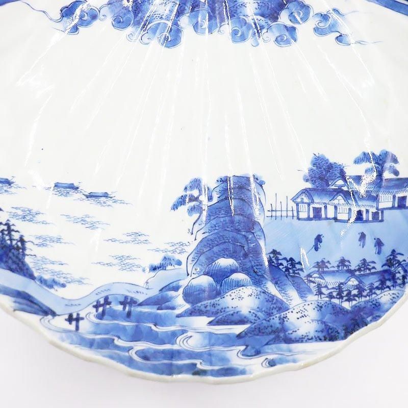 金継ぎ】手描き 染付 大皿 貝型 変形皿 盛り皿 飾り皿 呉須 藍