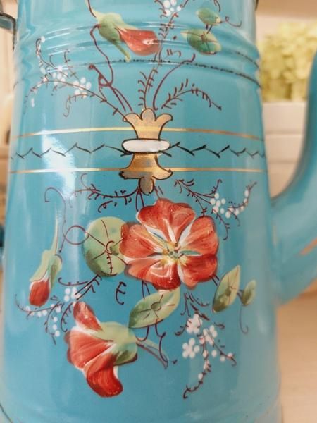 アンティークホーロー手描き朝顔柄ポット - ANTIQUE LEAVES アンティークホーロー手描き朝顔柄ポット - ANTIQUE LEAVES