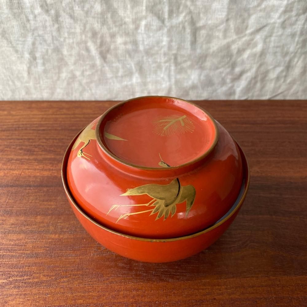 2573 九谷焼　松鶴　蓋付き碗　3客　時代物 2573 九谷焼 松鶴 蓋付き碗 3客 時代物