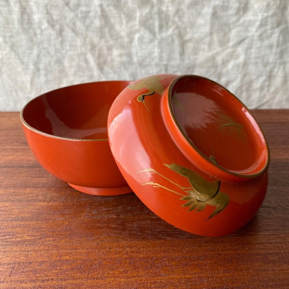 木製漆器 汁椀 吸物椀 朱色 骨董　金蒔絵 金縁 富士山/松/鶴 G52 大正時代頃の朱塗り椀 仲良し鶴と松