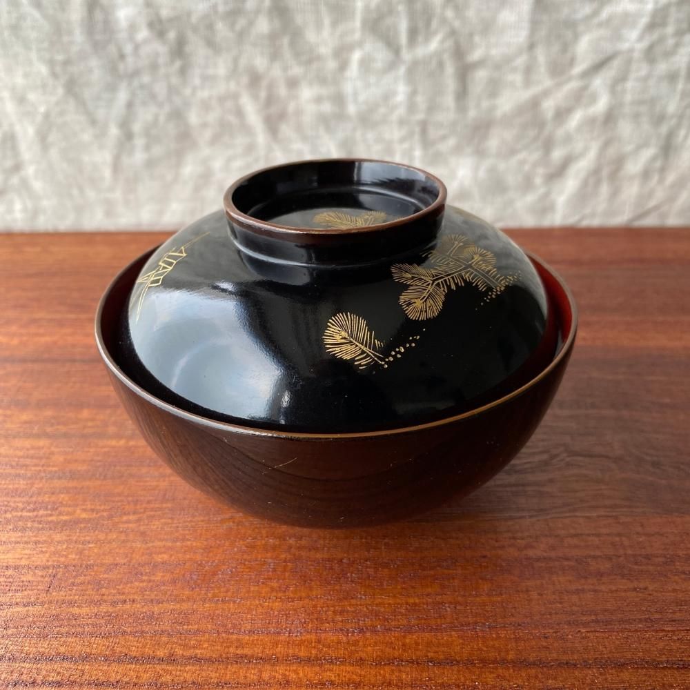 黒い漆製おひつ 漆の折り鶴と松の黒塗り椀 昭和初期頃