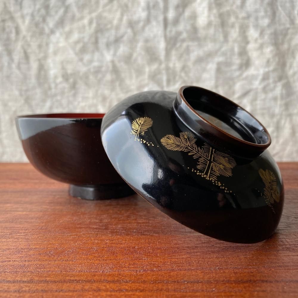 漆の折り鶴と松の黒塗り椀 昭和初期頃