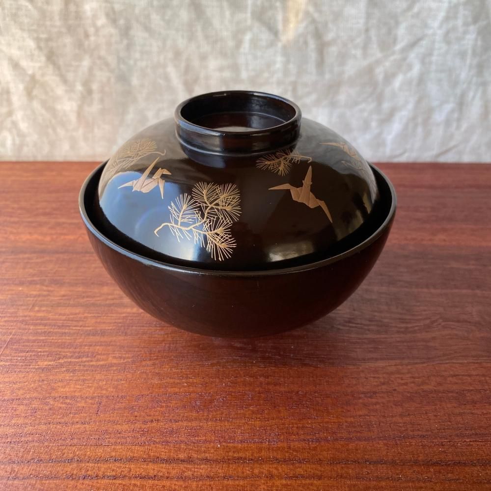 蒔絵 鶴 松紋 丸形黒塗菓子器 共箱 高杯