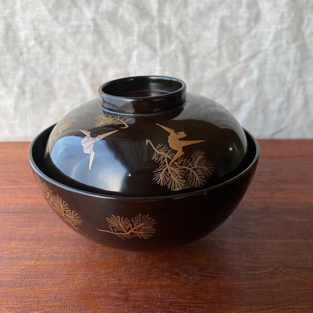 レトロ ヴィンテージ 手書き蒔絵 鶴 奥州仙台玉虫ぬり 漆塗り 漆器