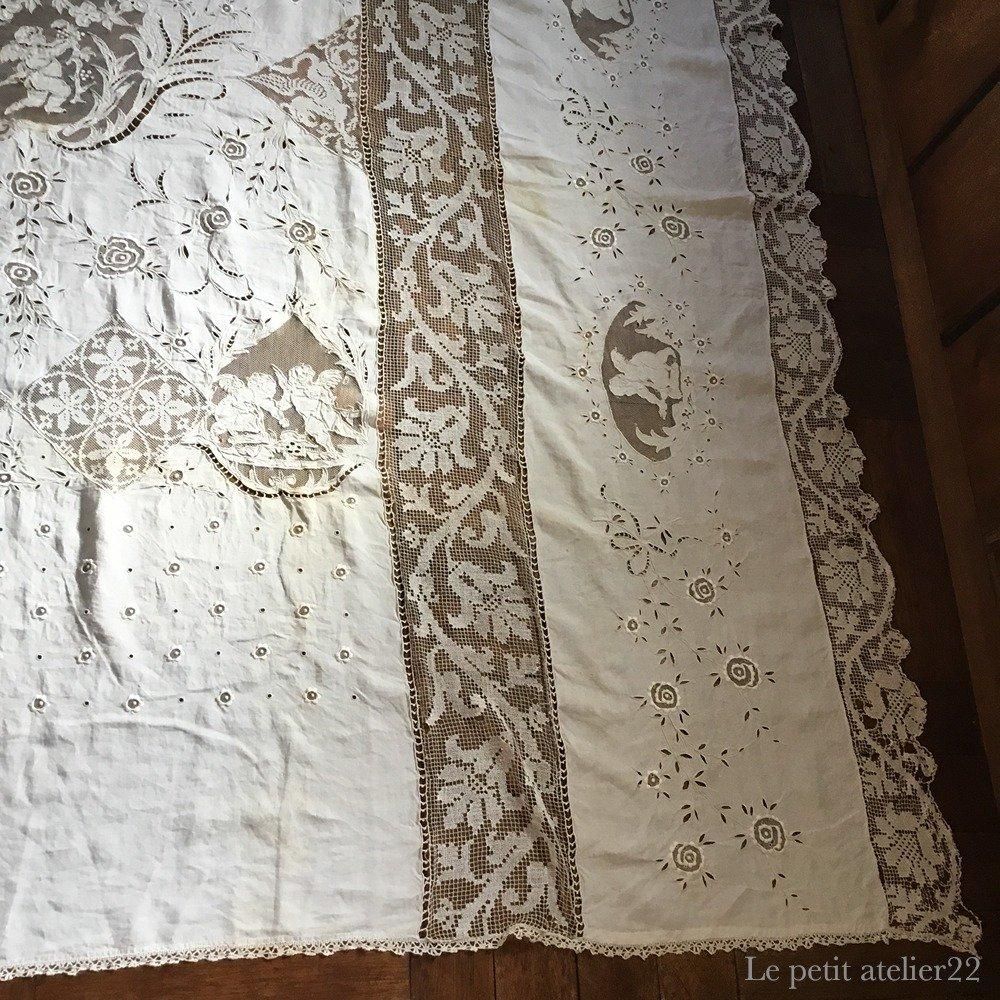 フランス アンティーク リシュリュー刺繍 ベッドカバー   リネン 特大) フランス アンティーク リネン カットワーク リシュリュー