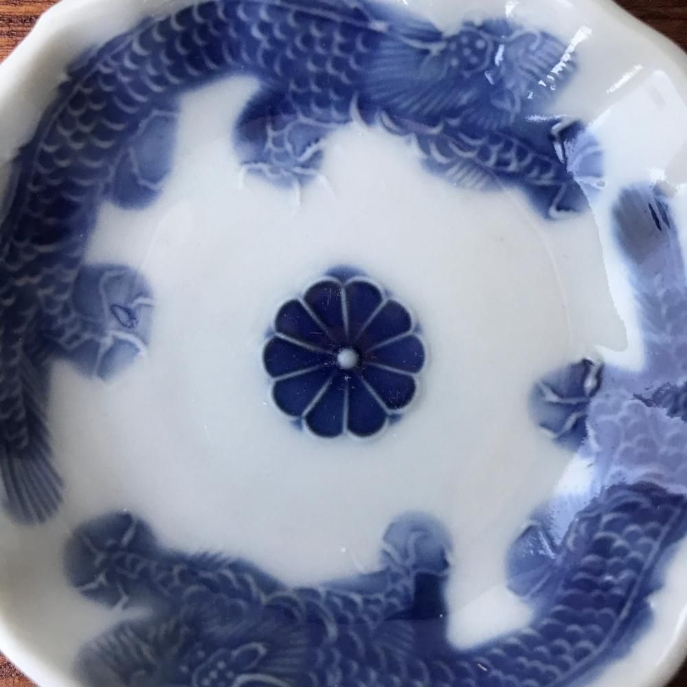 アンティーク 型押し 二匹の龍と菊の豆皿 幕末明治の 和食器