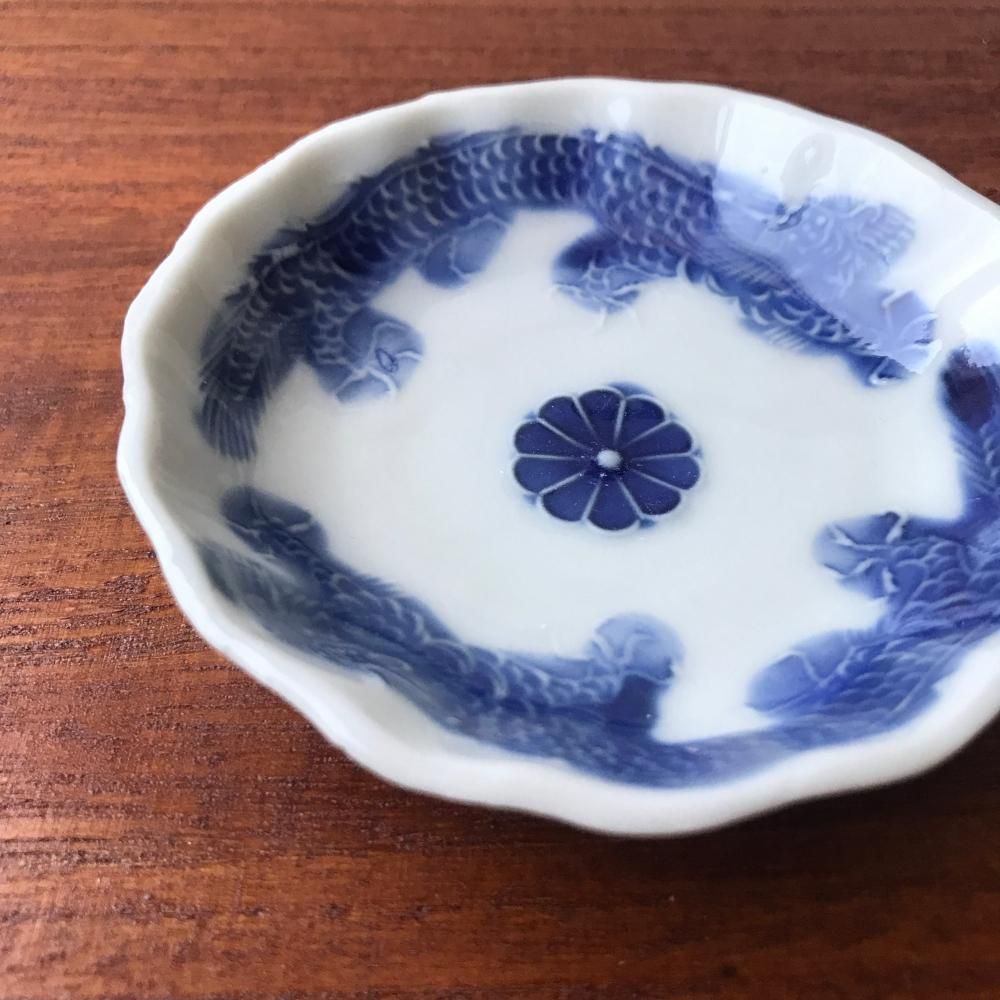 アンティーク 型押し 二匹の龍と菊の豆皿 幕末明治の 和食器