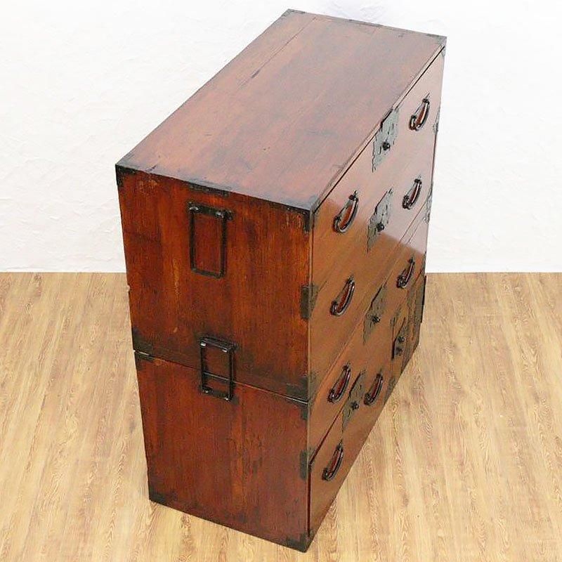 三尺 欅前 二段重ね 和箪笥 朱和箪笥 衣装箪笥 時代金具 和 三尺 欅前 二段重ね 和箪笥 朱和箪笥 衣装箪笥 時代金具 和