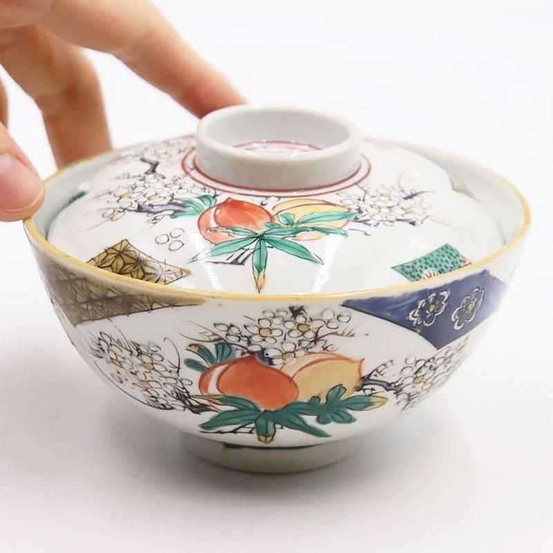 1005/中古・少し欠けあり!/九谷焼 赤絵 蓋付茶碗 1客 ※白粒鉄 1005/中古・少し欠けあり!/九谷焼 赤絵 蓋付茶碗 1客 ※白粒鉄