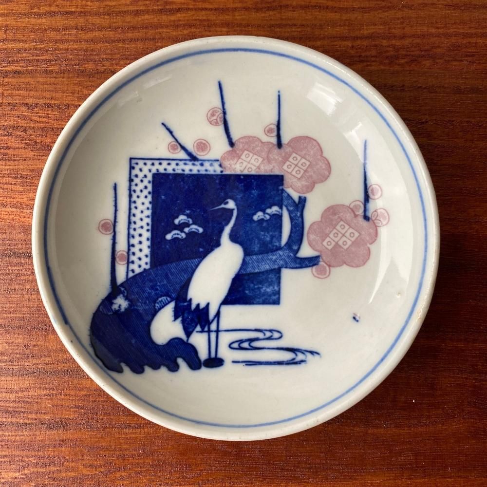 大人可愛い鶴と梅の印判小皿 昭和頃