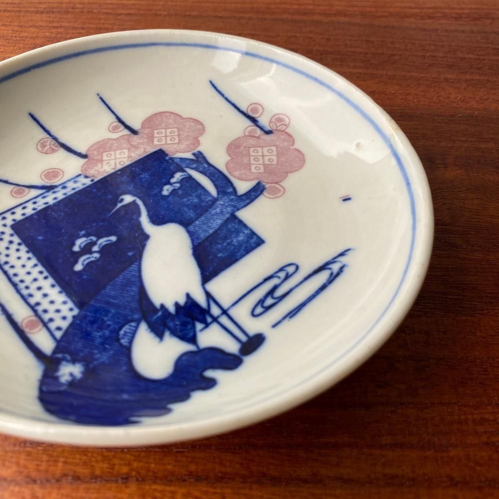 大人可愛い鶴と梅の印判小皿 昭和頃
