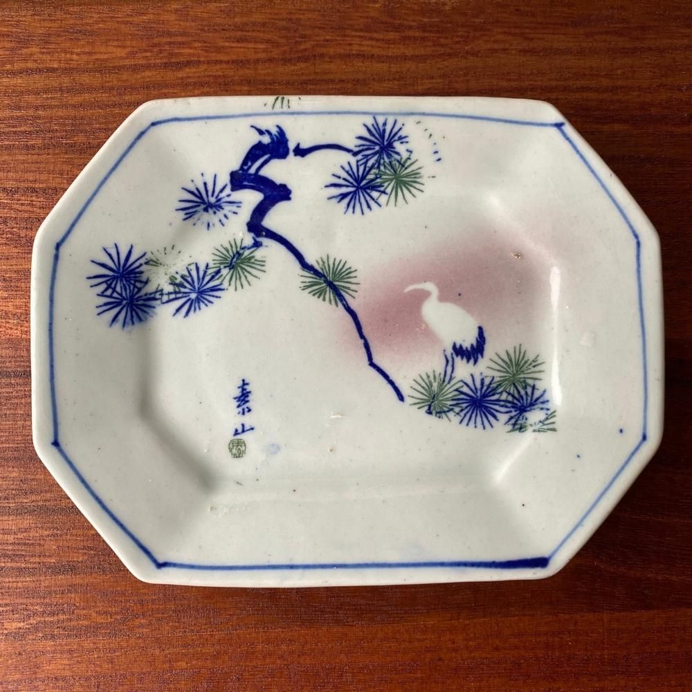 大正時代頃の鶴と松の角皿 昭和風