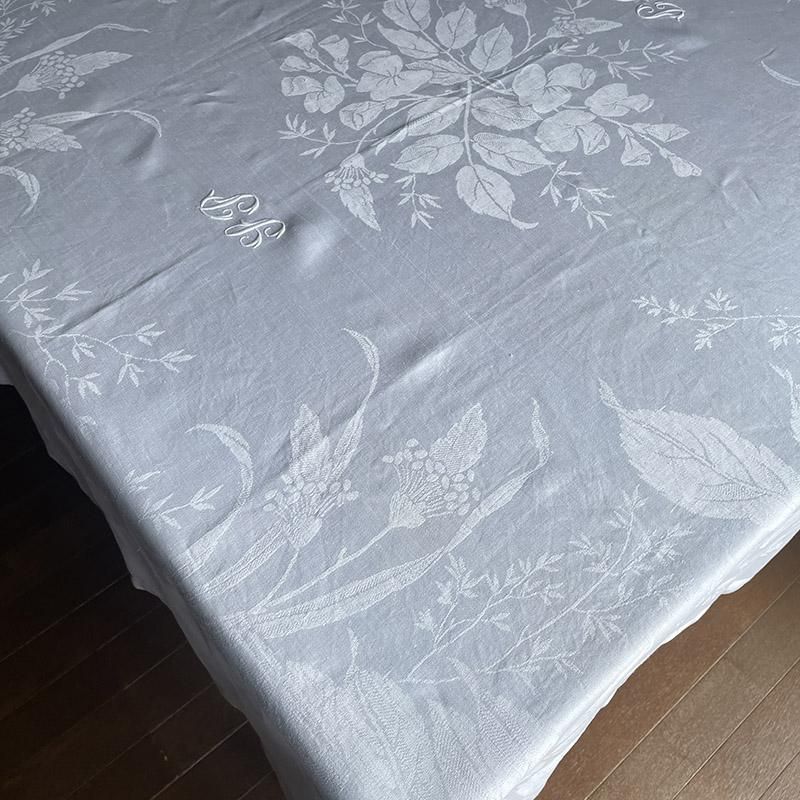 アンティークフランス 色糸小花手刺繍 リネンクロス トーション