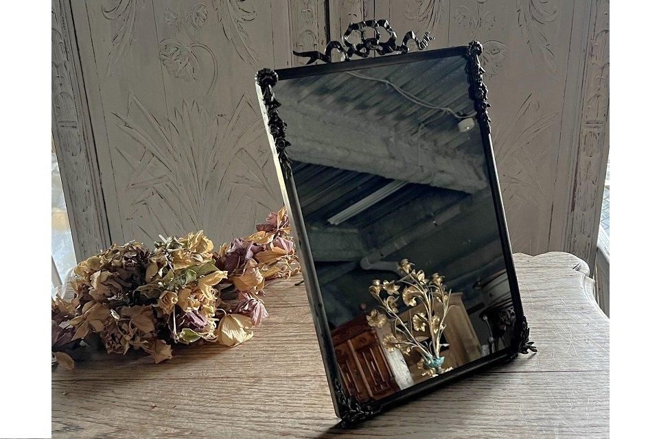 フランス製アンティーク リボン装飾のメタルミラー