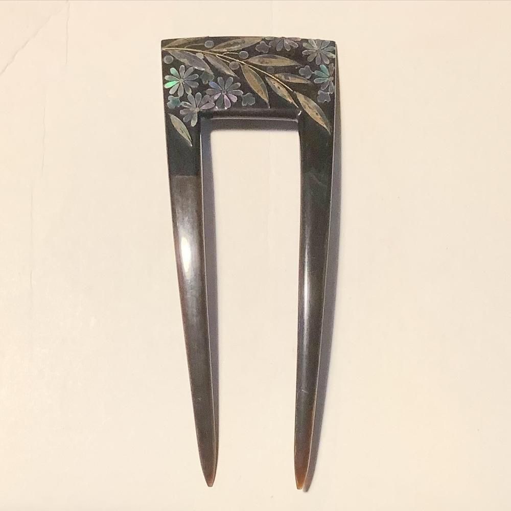 アンティーク 螺鈿細工 簪 大正昭和初期 美しい葉花デザイン