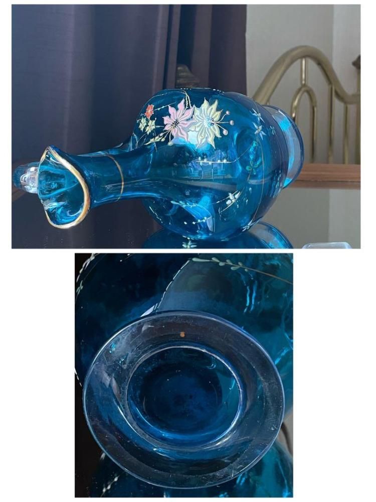 希少ルグラ製ブルーデカンタセット 花柄エナメル美麗