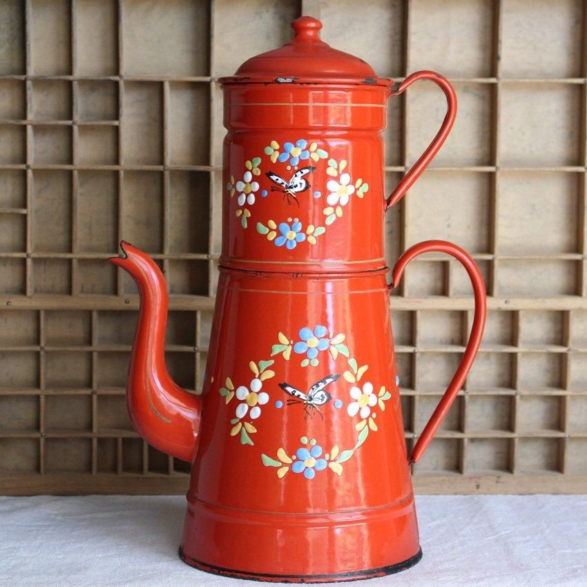 フランス アンティーク ホーロー コーヒー ティー ポット ガーランド