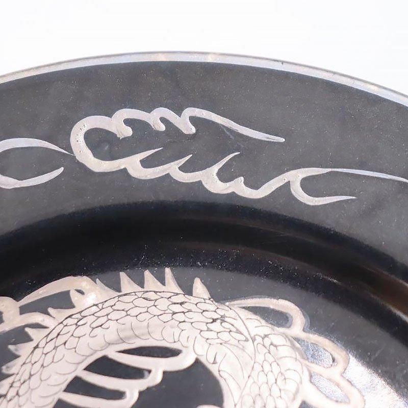 九谷焼 手描き 龍 黒地 ケーキ皿 明治大正ヴィンテージ