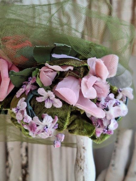 貴重 19世紀末 フランスアンティーク 薔薇の布花 ピンク / 少女