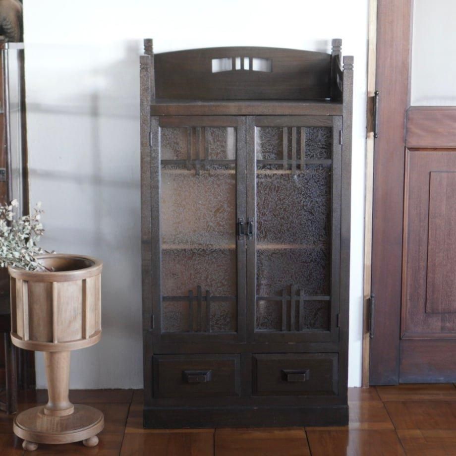 昭和初期 古いガラス食器棚 アンティーク収納