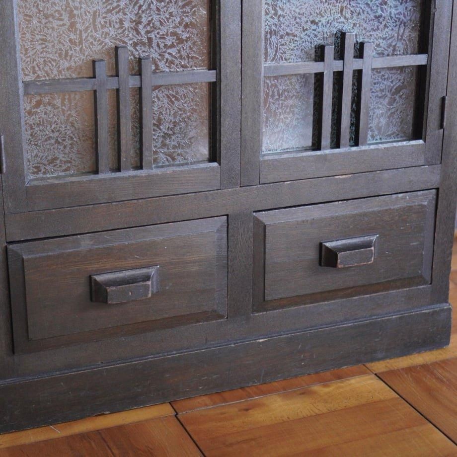 昭和初期 古いガラス食器棚 アンティーク収納