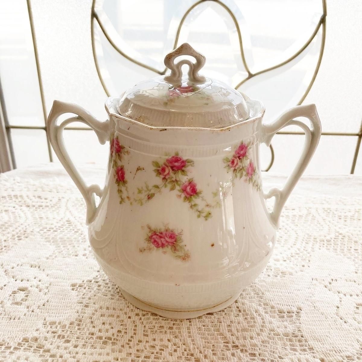 フランス製 ピンク小花のアンティークシュガーポット