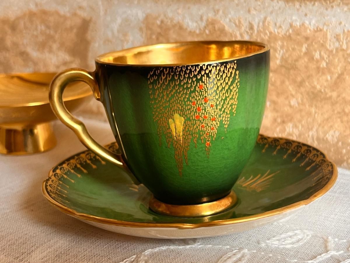 深淵なる金彩★4個セット★healey デミタスカップソーサー ゴールド 英国製カールトンウェア 深緑のデミタスカップ