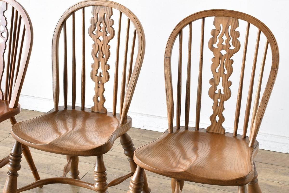 アンティーク イギリス製 エルムのウィンザーチェア 4脚セット