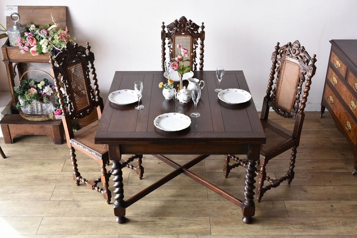 英国製1920年代 ドローリーフテーブル｜暗めオーク×ツイストレッグ