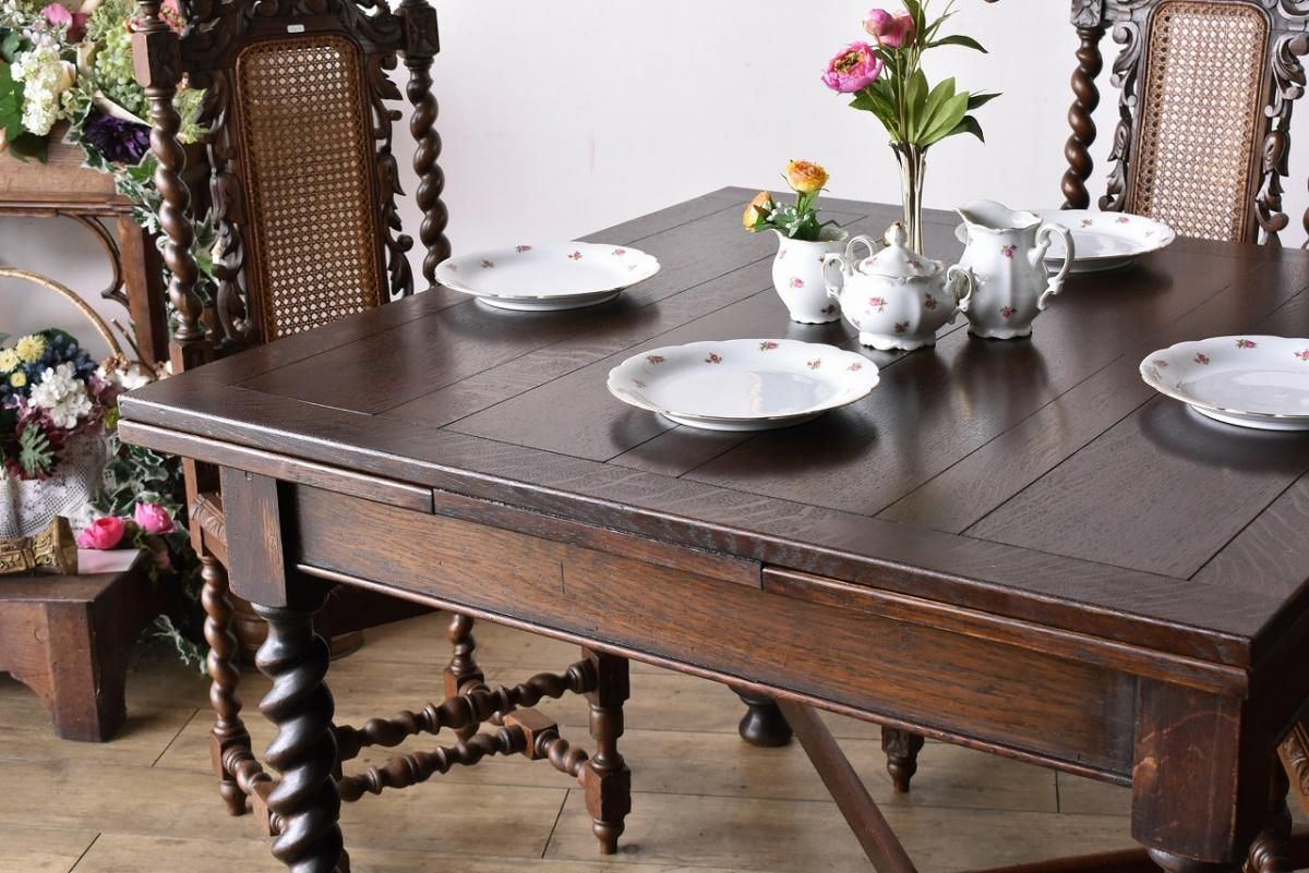 英国製1920年代 ドローリーフテーブル｜暗めオーク×ツイストレッグ