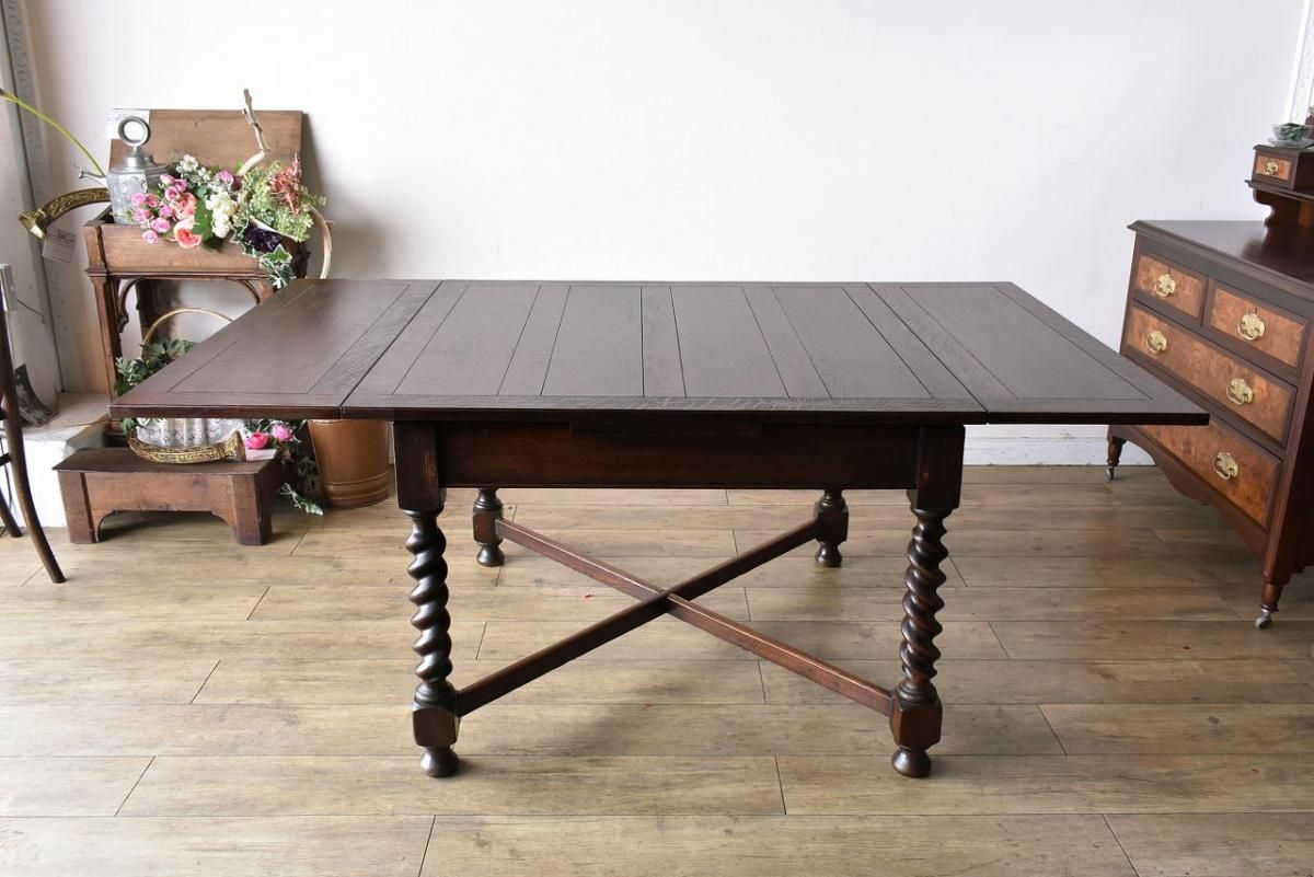 英国製1920年代 ドローリーフテーブル｜暗めオーク×ツイストレッグ