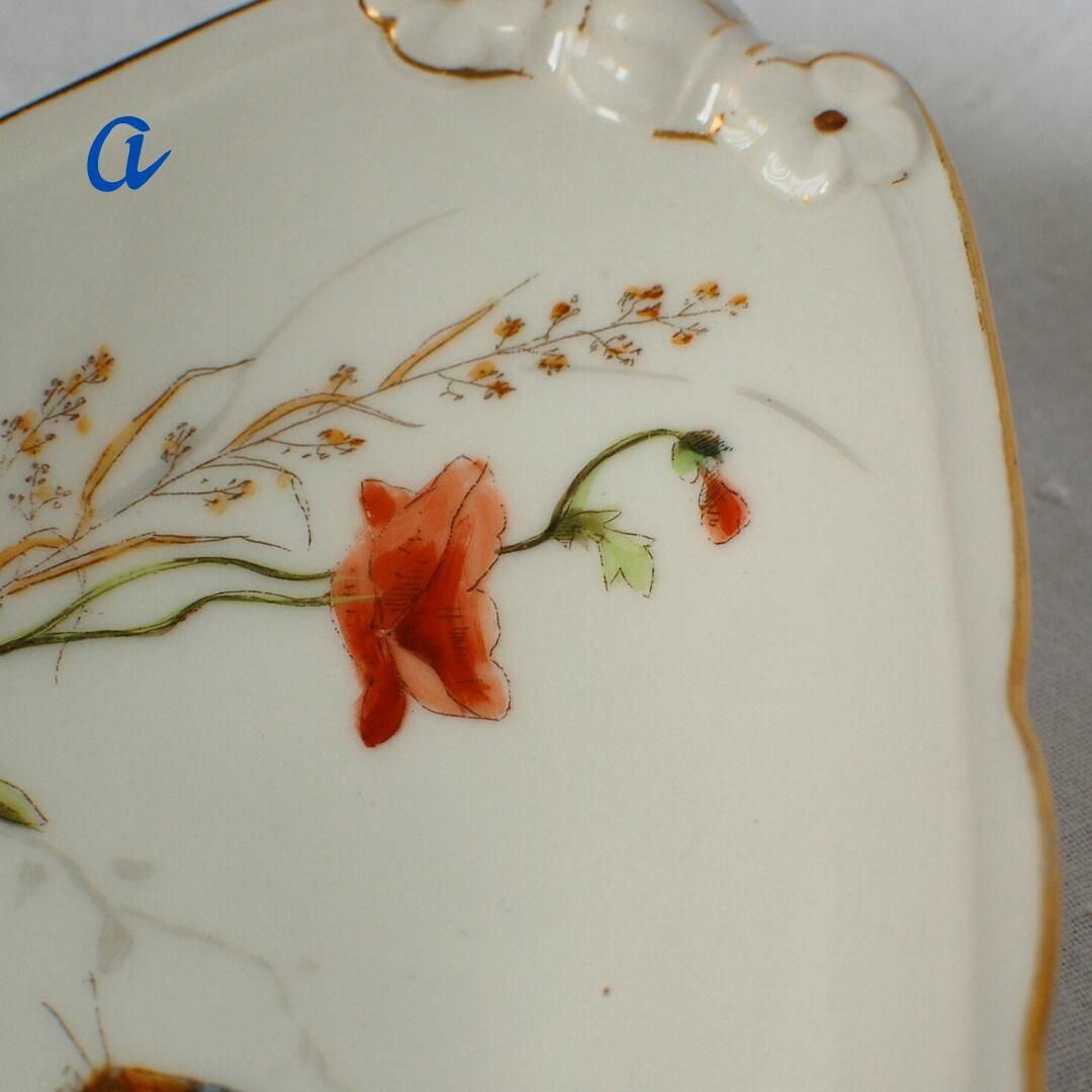 a ラヴィエ皿 手描きのお花 矢車草 蝶 フランスアンティーク