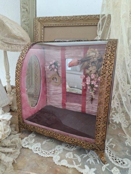 フランスアンティークリボン&ローズガーランドの壁掛けミラー