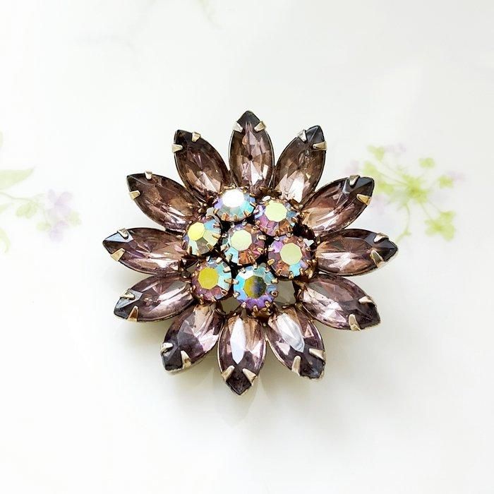 アメリカ製パープルラインストーンフラワーブローチ 50年代