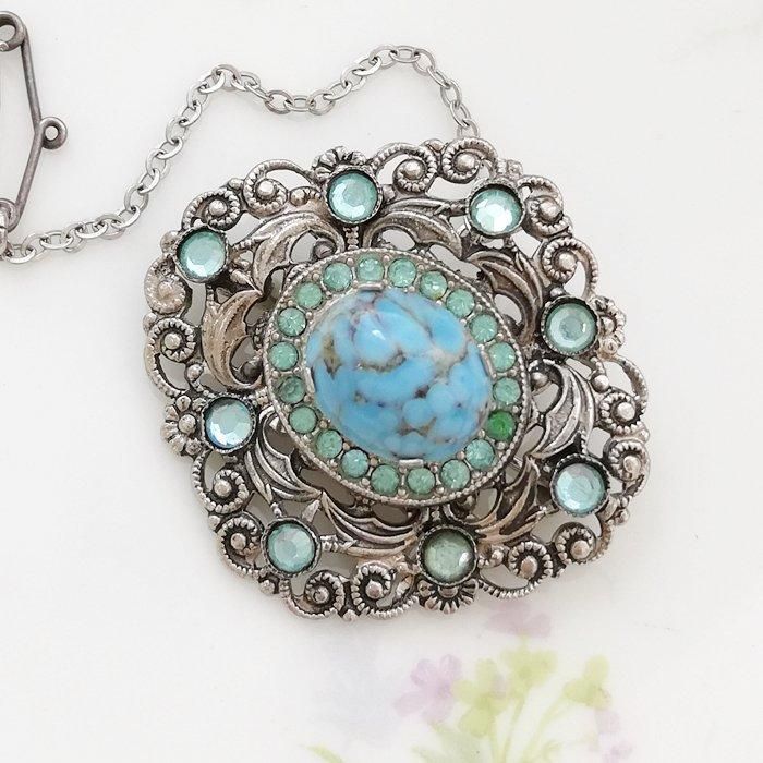 アンティークシルバートーン ターコイズブルーブローチ