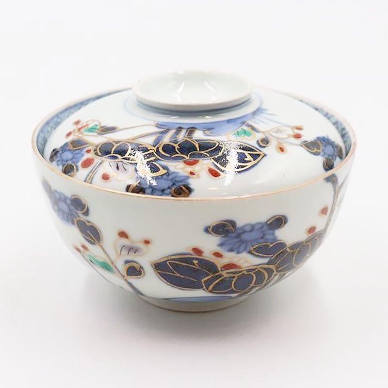 手描き 色絵 蓋碗 蓋茶碗 骨董 アンティーク 和食器 おもてなし（菊・蓮？・葵？・菱）