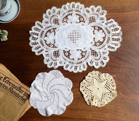 アンティーク 古いドイリー 3枚セット 刺繍レース コースター