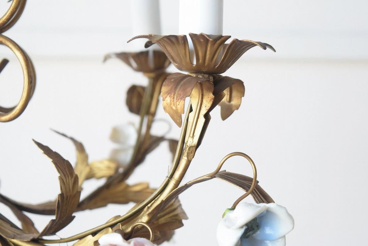 フランス製シャンデリア｜愛らしい陶器の花×1920年代の真鍮